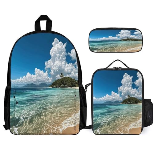 3-in-1 Backpack Combination Set Island Breeze Print 3Pcs Backpack Sets Travel Daypack with Lunch Bag And Cosmetic Bag