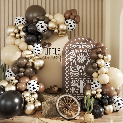 JOYFLOAT Western Cowboy Brown Balloon Garland Arch Kit Neutral Gold Dusty White Cow Print Balloons for Western Baby Shower Decorations Birthday Farm Wild West Cowgirl Party Decoration