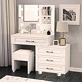 Makeup Vanity Table Set with Lighted Mirror, Makeup Vanity Dressing Table with Storage Drawers &...