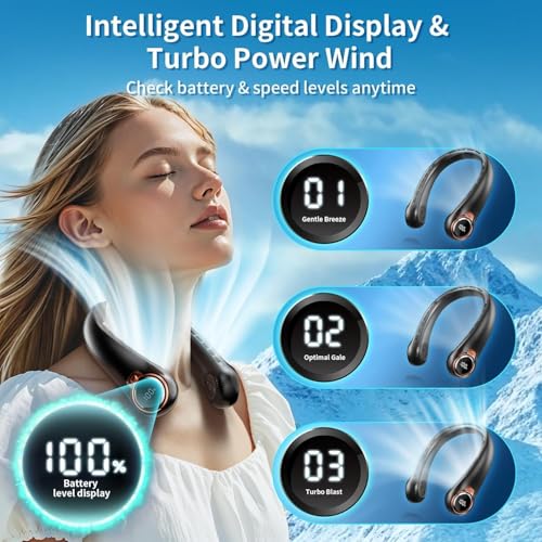 Image of Portable Neck Fan with 6000mAh USB - Rechargeable Battery, Ultra-Light Bladeless Neck Fan LED Display, 360 Cooling Wearable Fan, 3 Speeds (Black)