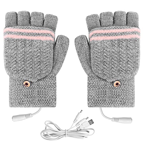 USB Heated Gloves, Heating Mittens Hand Warmers for Women, Winter Electric Warming Gloves Knitted Heating Hands Full & Half Fingerless Washable, for Laptop Gaming Typing Office