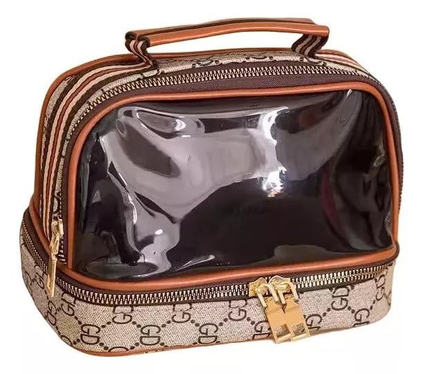 Shrux Pu Leather Double Layer Cosmetic and Makeup Case|Travel Accessories Holder Hand Bag|Transparent and Non Transparent Layer Beauty Product Organizer Pouch|Toiletry Large Storage Hand Bag-image-41