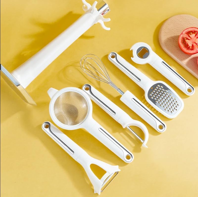7-Piece Kitchen Gadgets Set with Stand, Premium Stainless Steel & White Kitchen Utensils with Ergonomic Handles, Includes Peeler, Grater, Whisk, Pizza Cutter, Strainer & Bottle Opener, Space-Saving