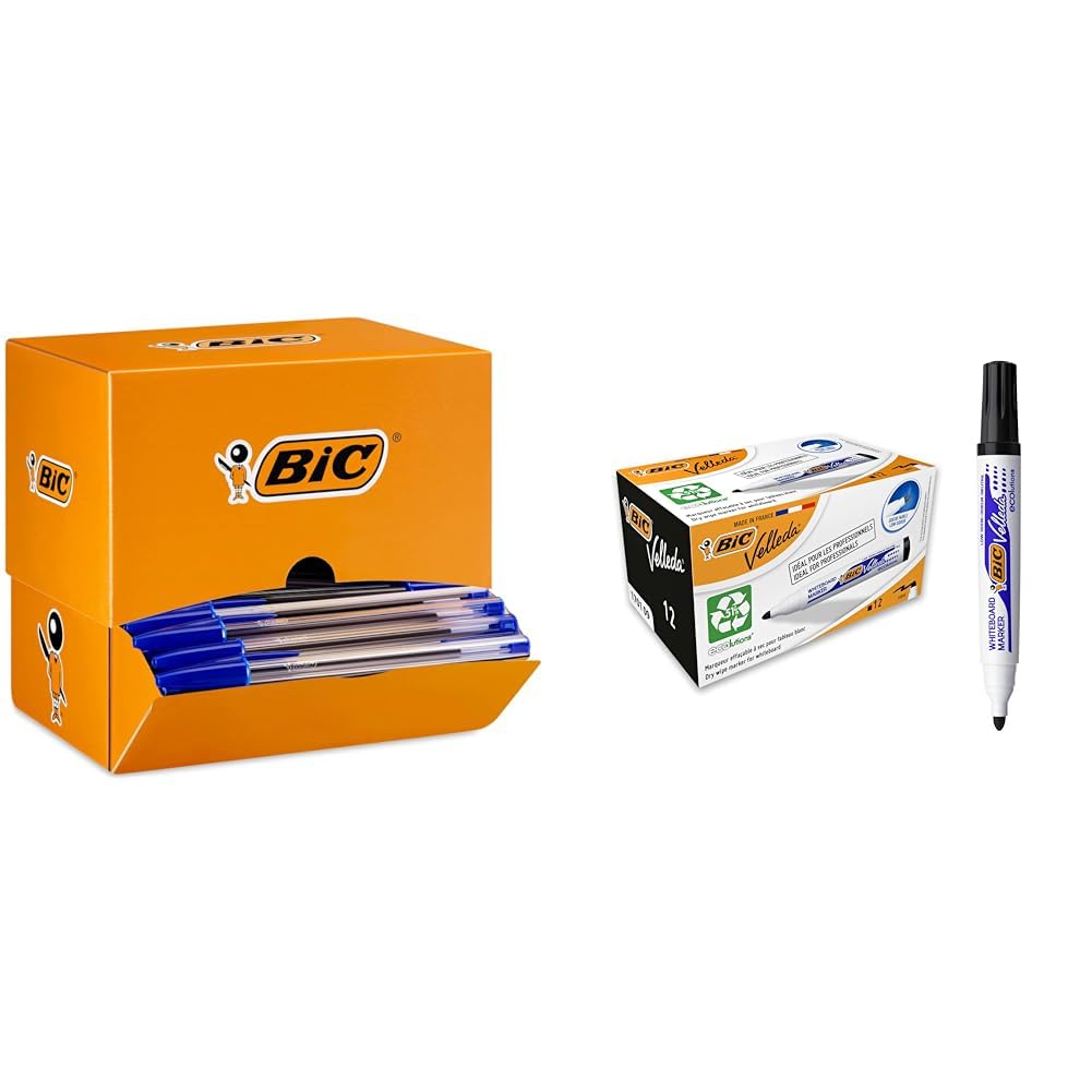 BIC Cristal Original - Bolígrafos de punta media (1.0 mm), Caja de 150 unidades, Azul & Velleda Marking Rotuladores para pizarra blanca, Óptimo para material escolar y de oficina