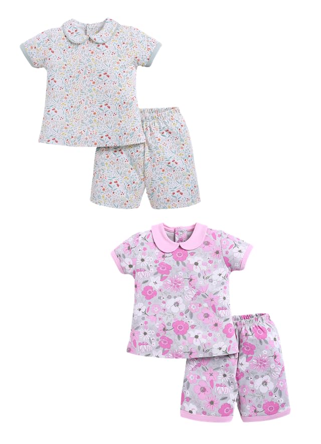 Image of Baby Girls 100% Cotton Printed Half Sleeve T-shirt & Short Summer Clothing Sets (Pack Of 2)