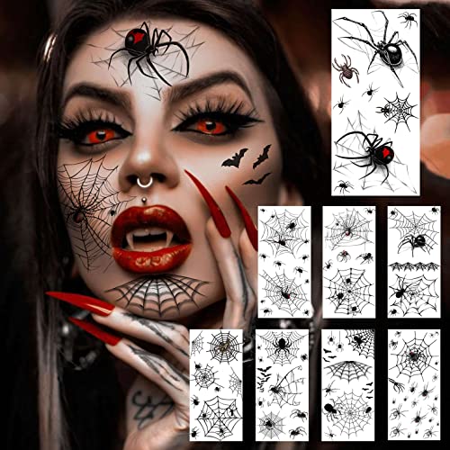 COKTAK 8 Blätt Halloween Tattoos Spinnen Tattoo Gesicht Spinnentattoos 3D Realistisch Fake Tattoos Spinnen Spinnennetz Temporäre Tattoos Frauen Männer Erwachsene Kinder Halloween Kostüm Makeup Zubehör