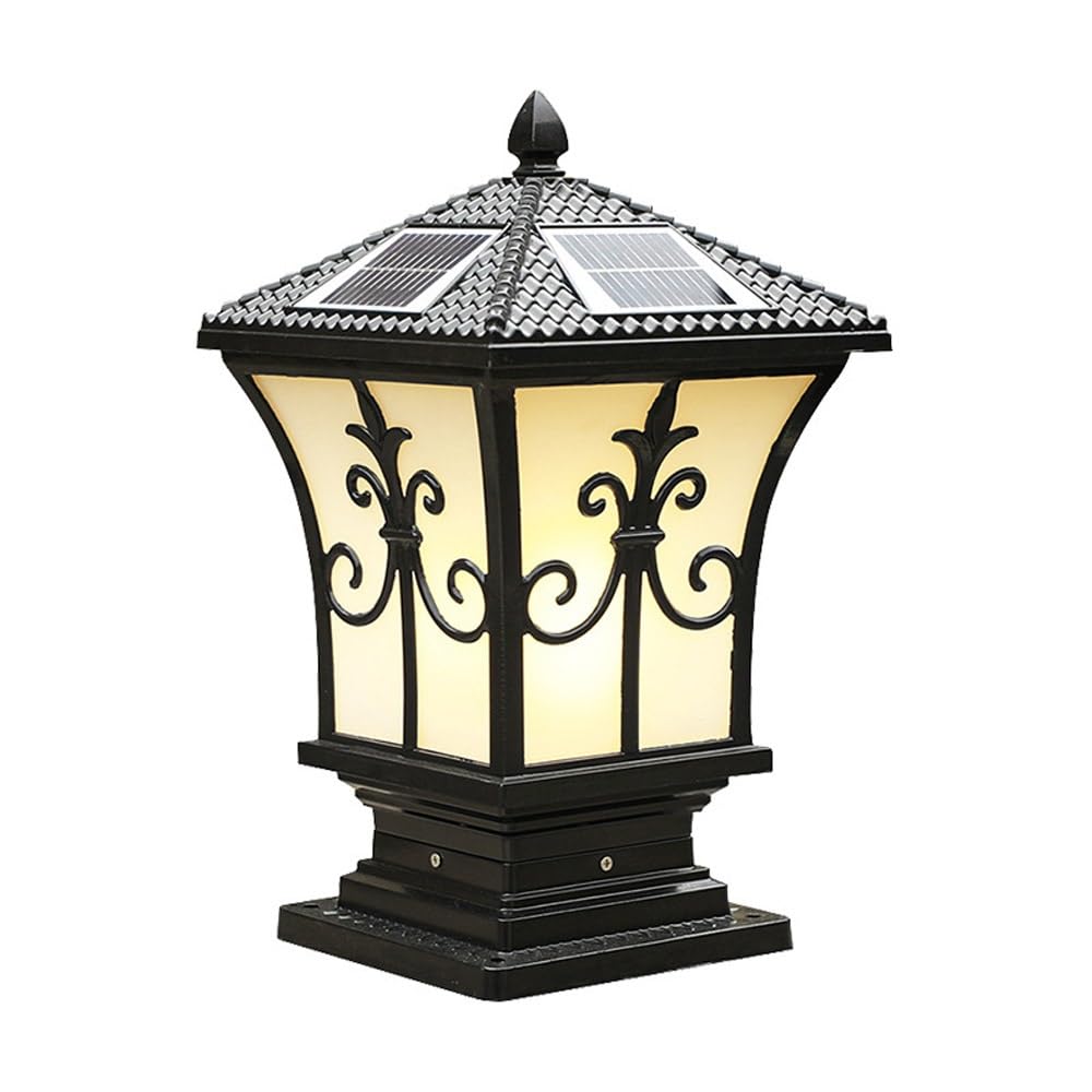 HELCEKOU Solar Pillar Exterior Lantern Industrial Column Lighting Rainproof Post Cap Lamp for Garden Courtyard Patio Porch(Black(Solar Energy),Medium)