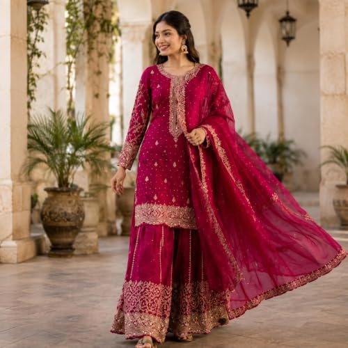 Image of Women's Ethnic Plazzo Suit Set with Kurta & Dupatta | Fendy Fabric Embroidered Kurta Set | Round Neck 3 /4 Sleeve Dress | Elegant Outfit