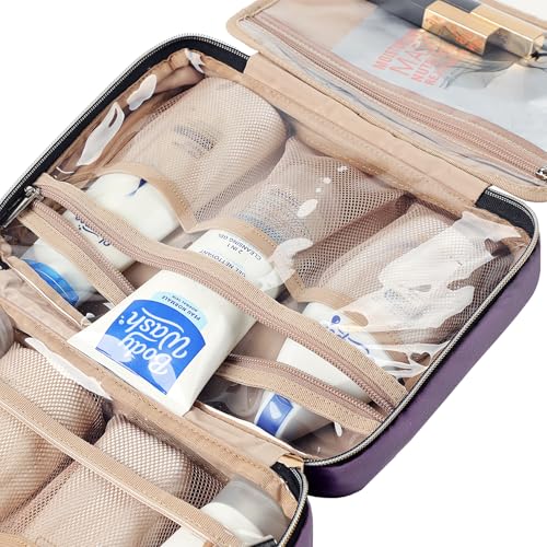 Image of NISHEL Travel Toiletry Bag for women, Portable Hanging Organizer for Travel-Sized Shampoo, Conditioner, Brushes Set, Makeup Accessories, Medium Size, Purple