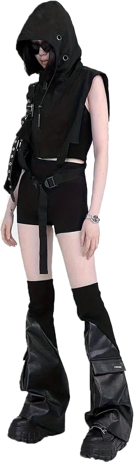 Gothic Techwear Platform Boot Covers, Black Leather Over-Knee Leg Warmers, Streetwear Style with Ribbed Panels, Y2K Combat Boot Covers