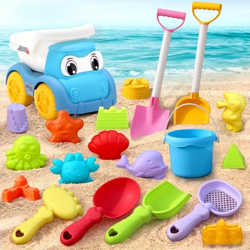 19 Pièces Jouet de Plage pour Enfant, Jouets de Sable avec Camion Seau Sable, Pelle Râteaux Moules Sables, pour Garçons et Filles à Partir de 3 Ans,...