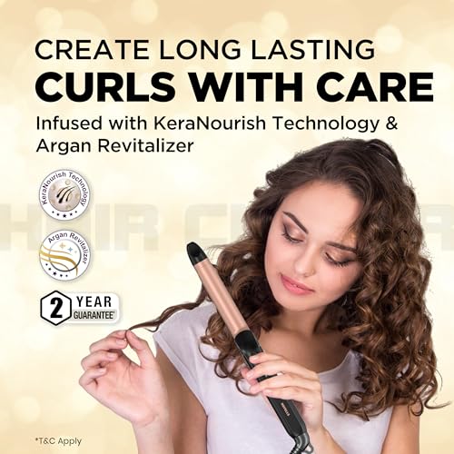 Image of Havells Hair Curler | KeraNourish + Argan Revitalizer | Long Barrel | Anti - Scalding Design |In Built Clamp | For Bouncy Curls | 2 year Guarantee | HC4141