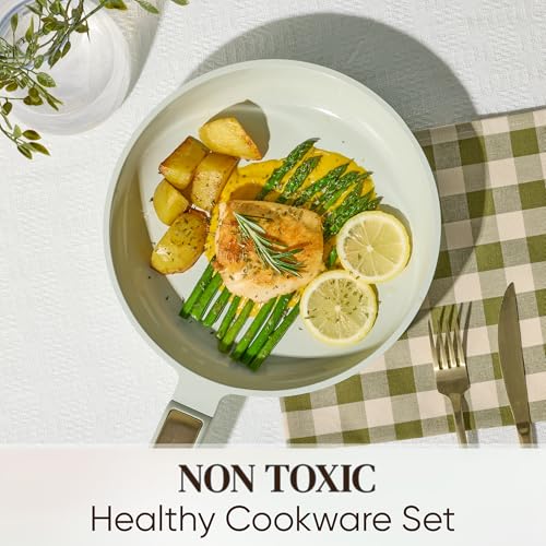 Image of CAROTE Ceramic Cookware Set Nonstick, 14pcs Pots and Pans Set Nonstick, Non-Toxic & PFAS-Free, Dishwasher, RV /Camping Cookware Set, Cooking Pots with Lids, Sage Green