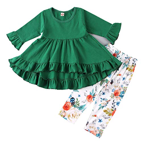 Toddler Little Baby Girls Infant Clothes 2 Pieces Outfits Set Long Sleeve Tops Dresses + Floral Pants (Green, 3-4 T)
