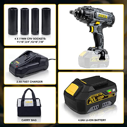 Rida Cordless Impact Wrench 20V 1/2" Impact Gun W/ 5 Torque Options Max 300 Ft-Lbs (400N.m) Impact Wrench W/ 4.0Ah Li-Ion Battery & Fast Charger, 4 Pcs Drive Impact Sockets And Tool Bag For Car Home #TOP7