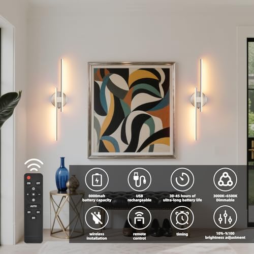 Image of Battery Operated Wall Sconce Set of 2, Brushed Nickel 23.6 inch 3000K-6500K Dimmable Wall Sconces with Remote Control, Wireless Wall Light Rechargeable for Bedroom Hallway Living Room Background