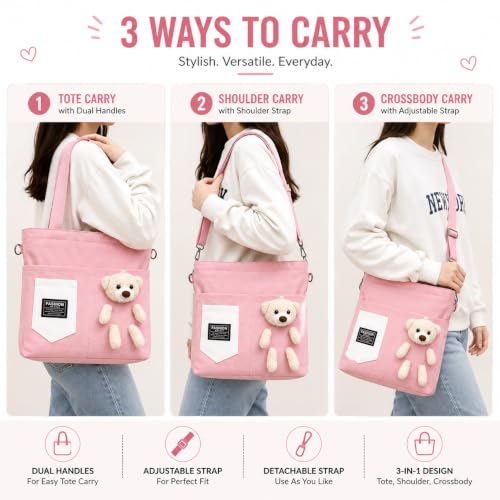 Image of BROGBUS Canvas Tote Bag for Women with Teddy Bear Charm Adjustable Sling Strap, Zipper Closure, College Travel Shopping Bag