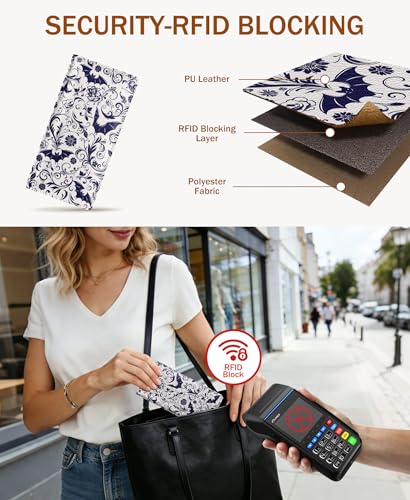 Image of Immaturus Goth Bat Womens Wallet RFID Blocking Slim Thin Credit Card Holder | Long Bifold, 11 Card Slots, Cash Purse, Zipper Coin Pocket, Travel Clutch Billfold, PU Leather, ID Window, Ladies Woman Gift