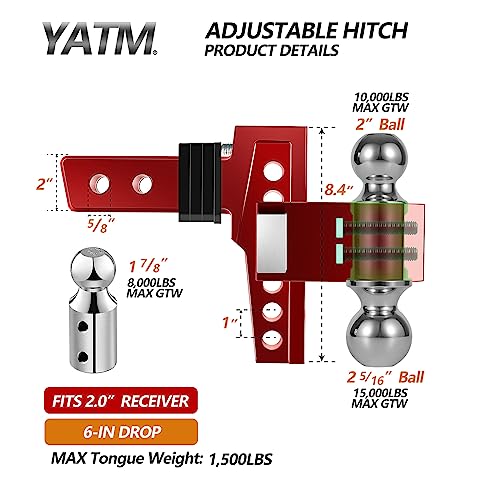 Yatm Adjustable Trailer Hitches Replaces Tri Balls (1-7/8", 2", 2-5/16"), Fits 2" Receiver,6”Drop/Rise,Keyed Of Dual Pin Key Locks, With Gtw 15,000Lbs,Ultra Quiet,Red,532006 #TOP3