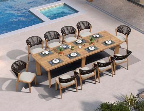 Image of PURPLE LEAF Outdoor Dining Set for 10 with HPL Table and Chairs Modern Teak