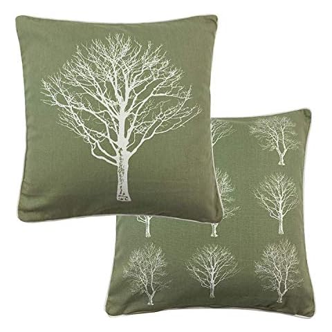 2 X FOREST TREES GREEN WHITE 100% COTTON PIPED CUSHION COVER 17" - 43CM Cover