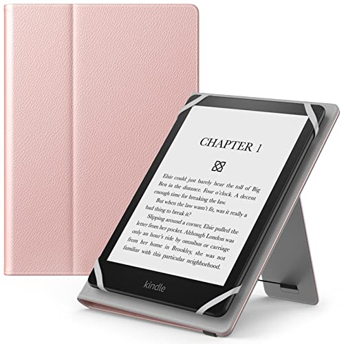 MoKo Universal Case for 6.8 7 Kindle eReaders Fire Tablet Kindle/Kobo/Voyaga/Lenovo/Sony E-Book Tablet Lightweight PU Leather Folio Shell Cover Case with Hand Strap/Kickstand Rose Gold