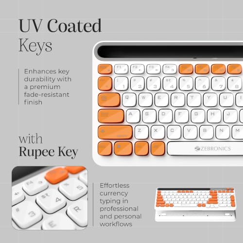 Image of Zebronics Keypad X3 Wireless Keyboard, 102 Keys, 12 Multimedia Keys, 2.4GHz + BT, UV Coated Keycaps, Mobile & Tablet Holder, ₹ Rupee Key, Retractable Stand, USB Nano Receiver (Dawn Orange)