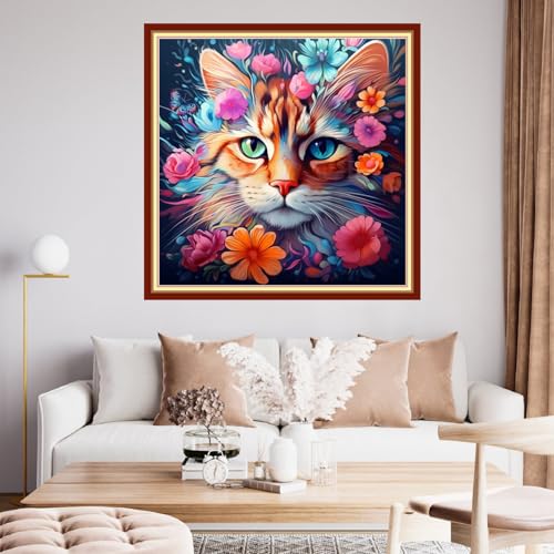 Image of Findvoor Stamped Cross Stitch Kits for Beginner Embroidery Kits for Beginners Adults DIY 11CT Cross Stitch Patterns Needlepoint Kits Crossstitching Kits-Cat Flowers 18x18 inch