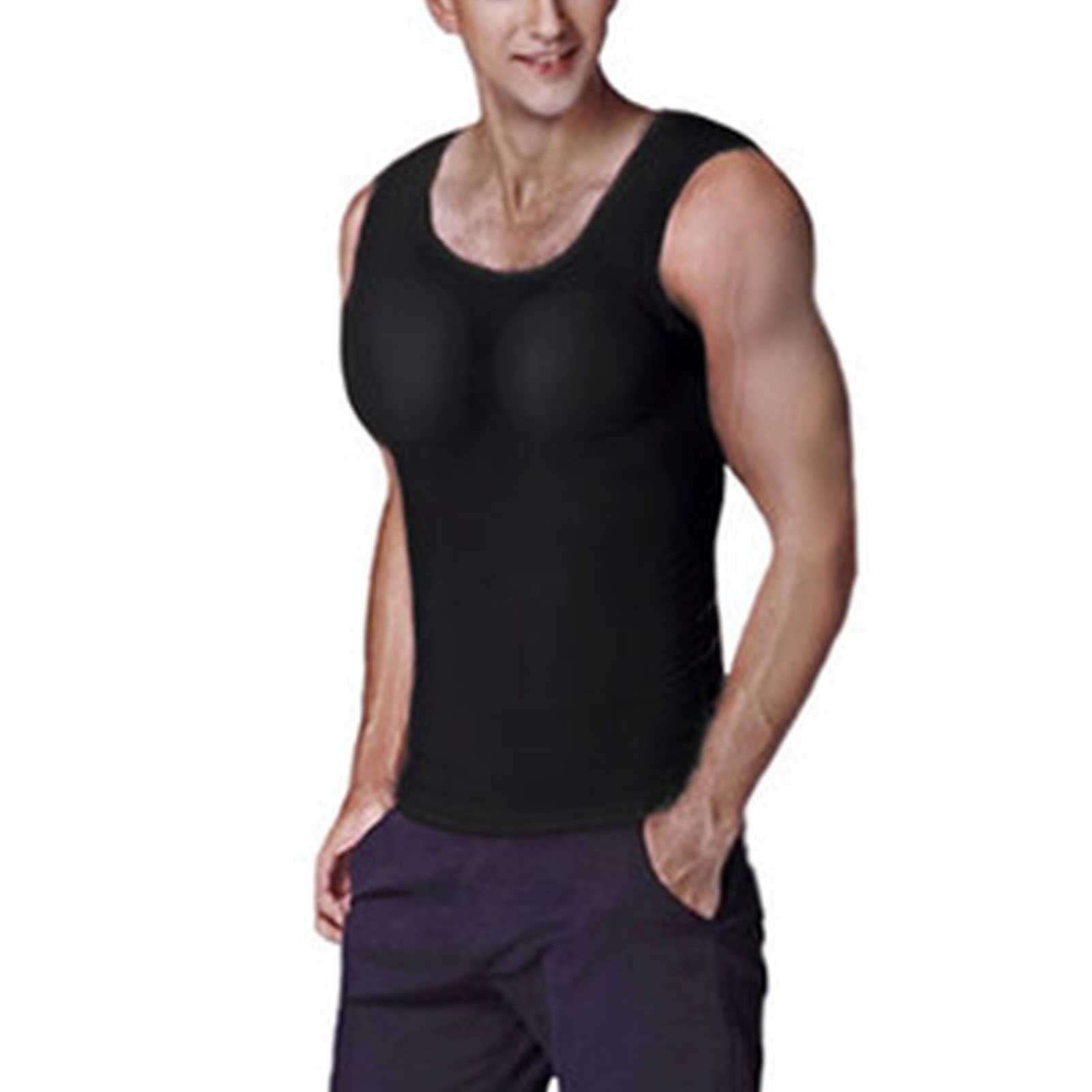 Men's Shaper False Muscle Chest Vest T-Shirt Breathable Comfort Padded Muscle Undershirt Black