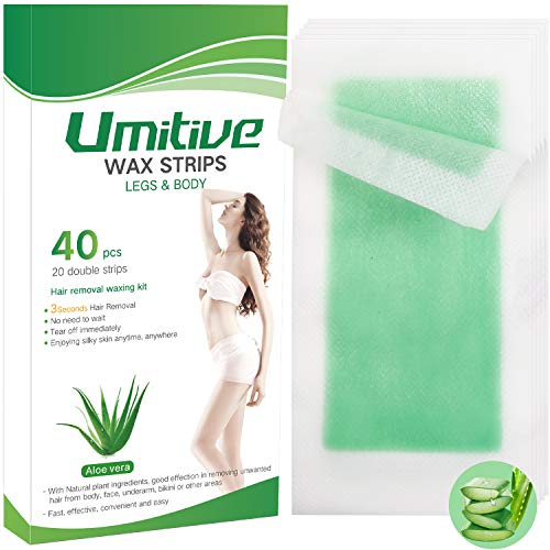 Umitive Bandas de Cera Fria Depilatoria para Brazos, Piernas, Labios, Axilas, Cejas y Bikini para Mujer, 40 Pcs Tiras de Cera con 5 Papel Limpiador
