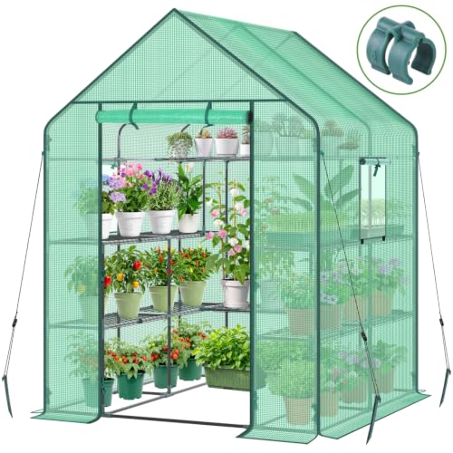 Image of Greenhouse for Outdoors with Screen Windows, Ohuhu Upgraded 4 Tiers 11 Shelves Walk-in Greenhouses with Durable PE Cover, Outside Garden Plastic Green House with Ground Pegs & Ropes for Stability