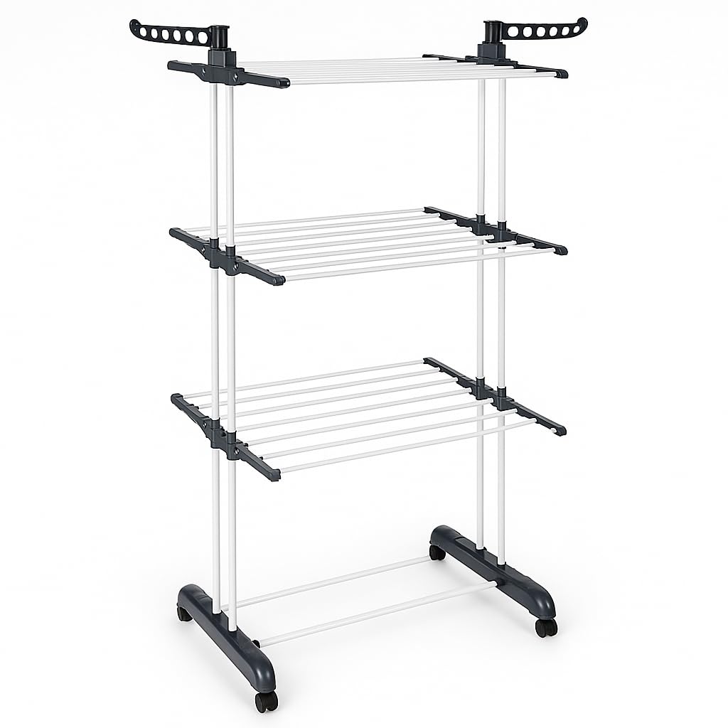 T-LOVENDO.ES Tendedero Vertical Plegable De Alta Capacidad de Ropa - 4 Niveles con Barras de Acero Inoxidable con Dos Alas Laterales Amplio Espacio para Secar. Ruedas Incluidas. Gris.