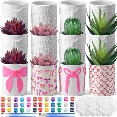 Zubebe 12 Pcs Paint Your Own Valentines Bow Ceramic Pots Bulk Unfinished Succulent Pots Painting Kit with Drainage Hole Mini Paintable Plant Vase Ready to Paint Planter for Valentines DIY Craft