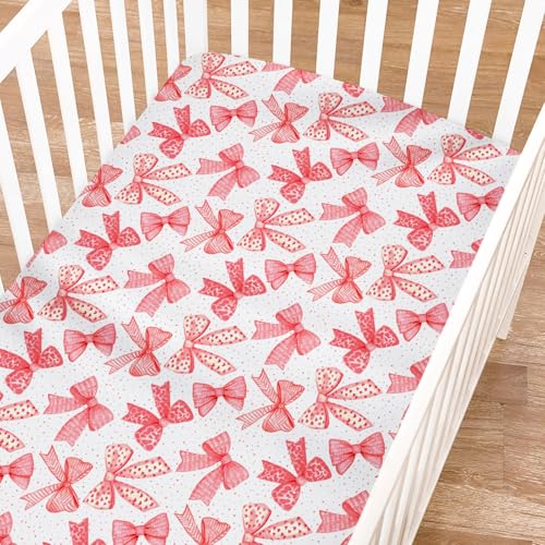 Image of Red Valentine's Bows Fitted Crib Sheets for Girl 52 inchx28 inch Girly Red Hair Bows Crib Mattress Covers Soft Breathable Valentine Hearts Love Baby Sheets for Standard Crib and Toddler Mattresses Red