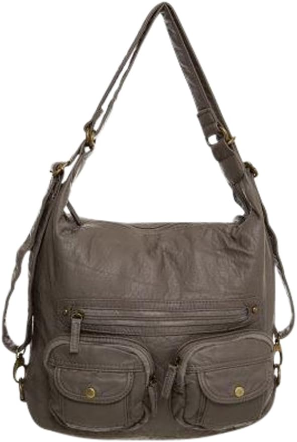Convertible Purse - Both Backpack and Shoulder Bag in Soft Vegan Leather Gray, 15"W x 12"H x 4.5"D