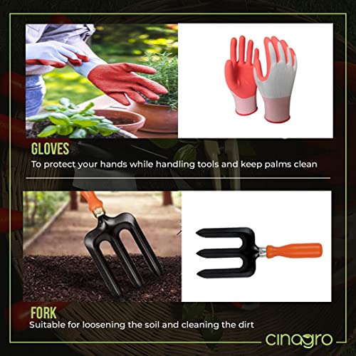 Image of Cinagro Garden Tools Kit (Set of 6) Weeder, 2 Trowels, Hand Fork, Cultivator, Gardening Hand Gloves | Gardening Tools Kit for Home Garden, Indoor and Outdoor Gardening for Plants and Soil