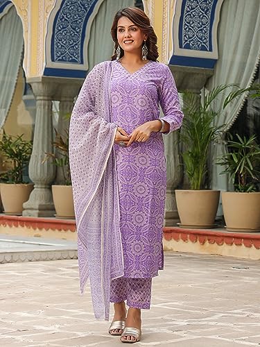 Image of GoSriKi Women's Cotton Blend Straight Printed Kurta with Pant & Dupatta