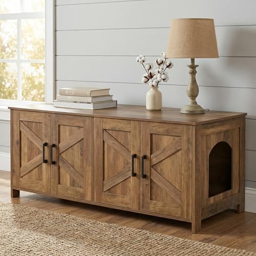 Homhedy 47.2”L Cat Litter Box Enclosure for 2 Cats, Rustic Walnut