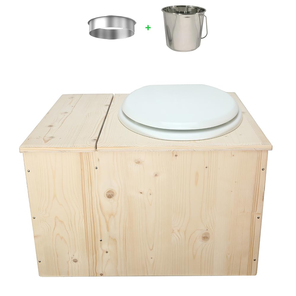 Toilette sèche avec bac à copeaux de bois intégré, Livré monté avec abattant blanc, seau inox et bavette de protection inox - Fabrication artisanale Française - N17