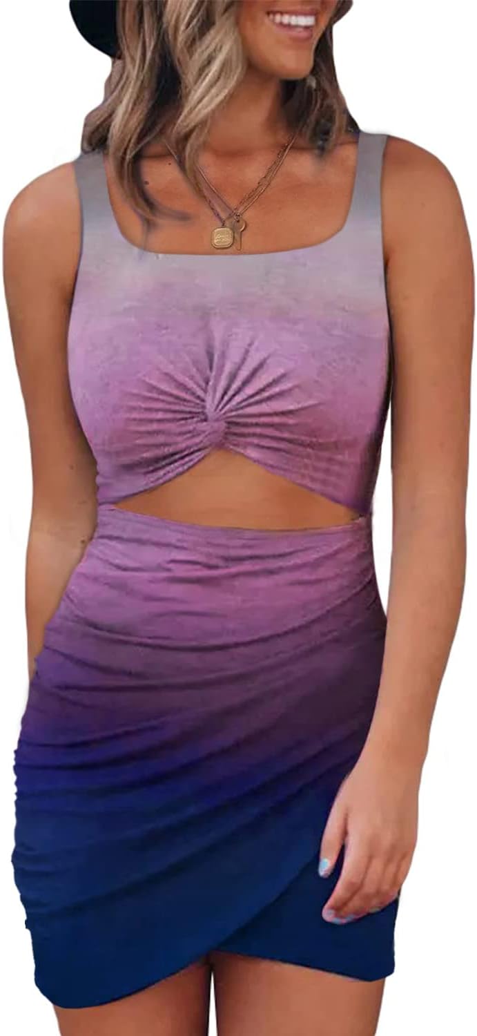 Acelitt Summer Dresses for Women 2025 Cut Out Twist Front Ruched Wrap Bodycon Sleeveless Party Club Mini Dress Beach Sundress