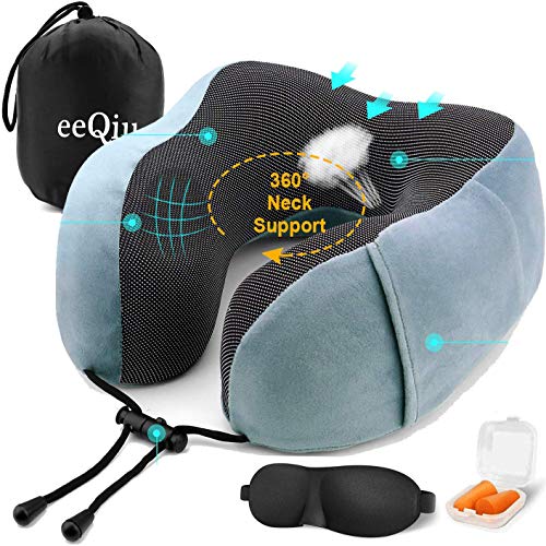 Cuscino da viaggio - Cuscino per collo in schiuma di memoria eeQiu con custodia per trasporto e comodo cuscino per supporto testa collo portatile Cuscino di volo per aereo, treno, viaggio in auto (gri