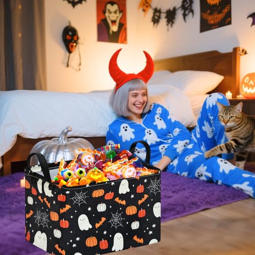 Image of Halloween Storage Basket Home Shelf Basket Rectangle Organizer Box Toys Clothes Laundry Hamper Nursery Bin Gift Laundry Basket with Handles(Black Cute Ghost Pumpkin)