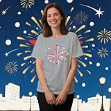 IFQ Womens American Flag Shirt USA Fireworks Patriotic Print T-Shirt 4th of July Crewneck Tee