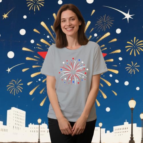 IFQ Womens American Flag Shirt USA Fireworks Patriotic Print T-Shirt 4th of July Crewneck Tee