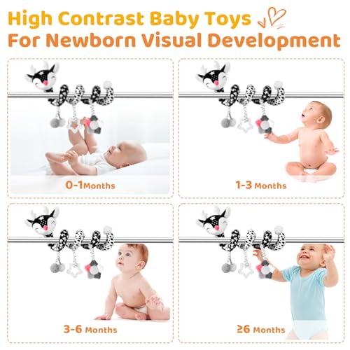 Image of Car Seat Toys for Babies 0-6 Months Boy&Girl, Carseat Toys Hanging Black and White High Contrast Toy for Baby 0-3 Months, Spiral Activity Plush Toys Stroller Toys for 0 3 6 9 12 Months Baby Ideal Gift