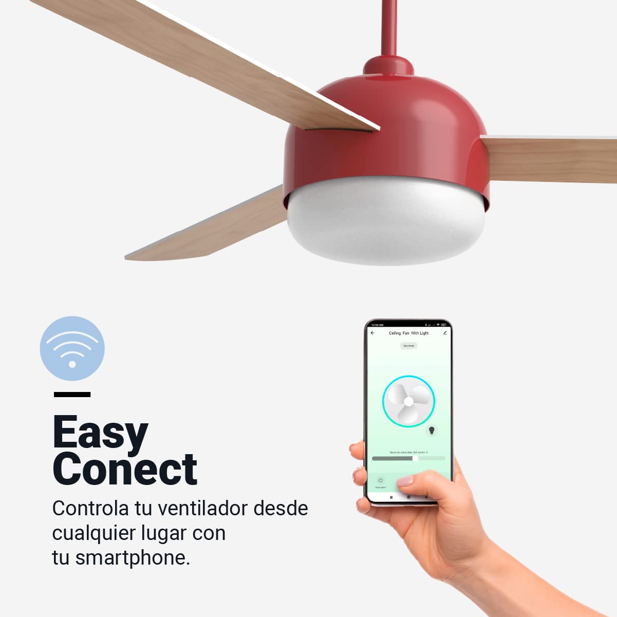 UNIVERSALBLUE Ventilador de techo con luz LED y WiFi | Rojo | Silencioso con Motor DC | Control por App, Alexa, Google Assistant y mando a distancia | 6 Velocidades | Aspas Reversibles