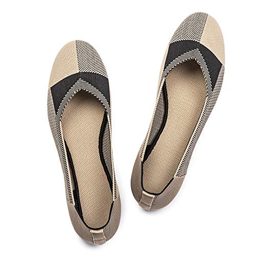Frank Mully Womenâ€™s Ballet Flat Shoes Knit Dress Shoes Round Toe Slip On Ballerina Walking Flats Shoes for Woman Low Wedge Comfort Soft Khaki
