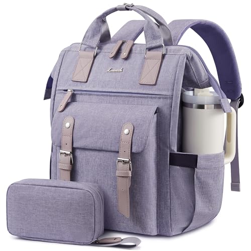 LOVEVOOK Laptop Backpack for Women 15.6 inch Teacher Nurse Work Bag with Giant Tumbler Holder (Fits Handles) Waterproof Travel Backpack Purse Anti-Theft College Computer Bag with Pouch Purple