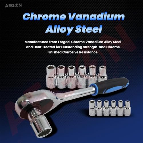 Image of AEGON SPEAR SA-32 32Pcs 1 /2 inch Drive Socket Wrench Set | 6 & 12 Point Chrome Vanadium Ratchet Tool Kit | with Extension Bars, Universal Joint, Spark Plug Sockets | for Car, Bike, DIY & Auto Repair Work