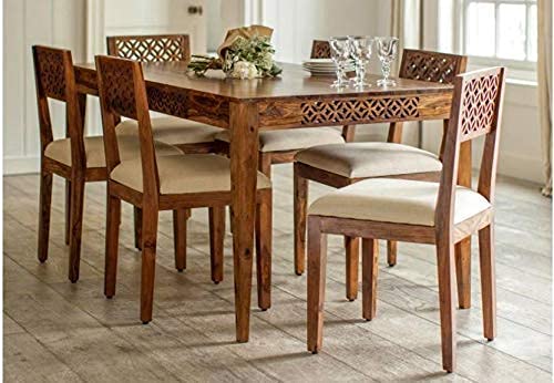 Image of SHRI MINTU'S ART Sheesham Wood Dining Table 6 Seater | Six Seater Dinning Table with 6 Chairs for Home | Dining Room Sets for Kitchen & Restaurants | Chairs with Cushion | Rosewood, Natural Finish